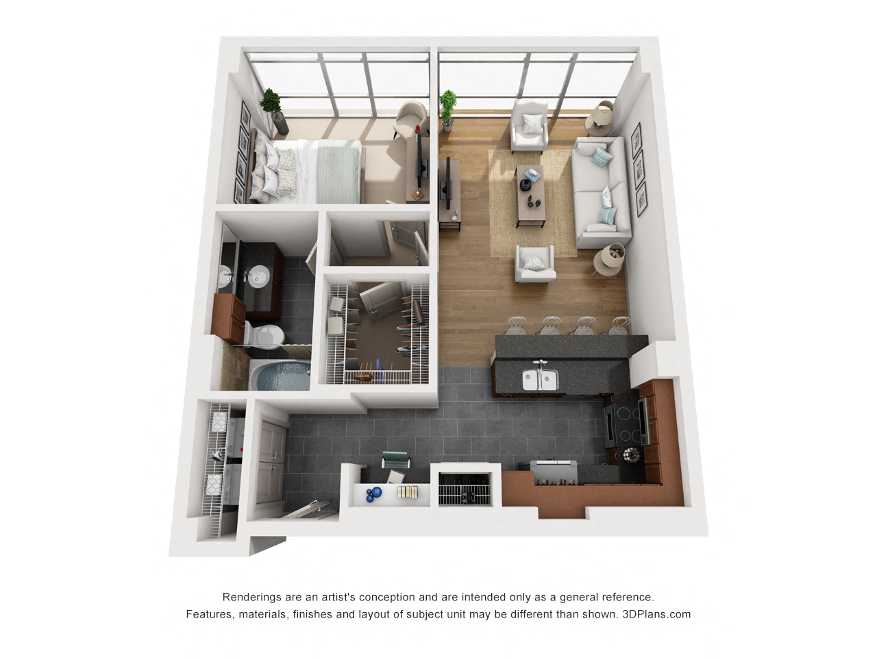 Floor plan for 1 bed, 1 bath, 912 sqft